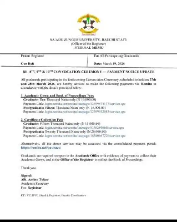 Sa’adu Zungur University Payment Guidelines for 8th, 9th, & 10th Convocation Ceremony