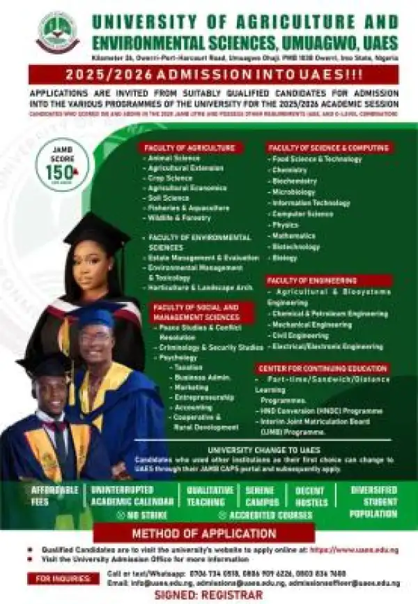UAES, Umuagwo Post-UTME 2025: cut-off mark, eligibility and registration details