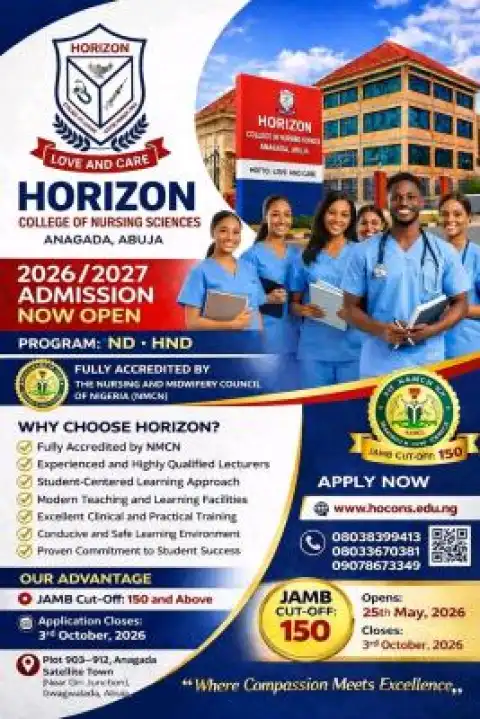Horizon College of Nursing Sciences, Abuja ND/HND Admission form, 2026/2027