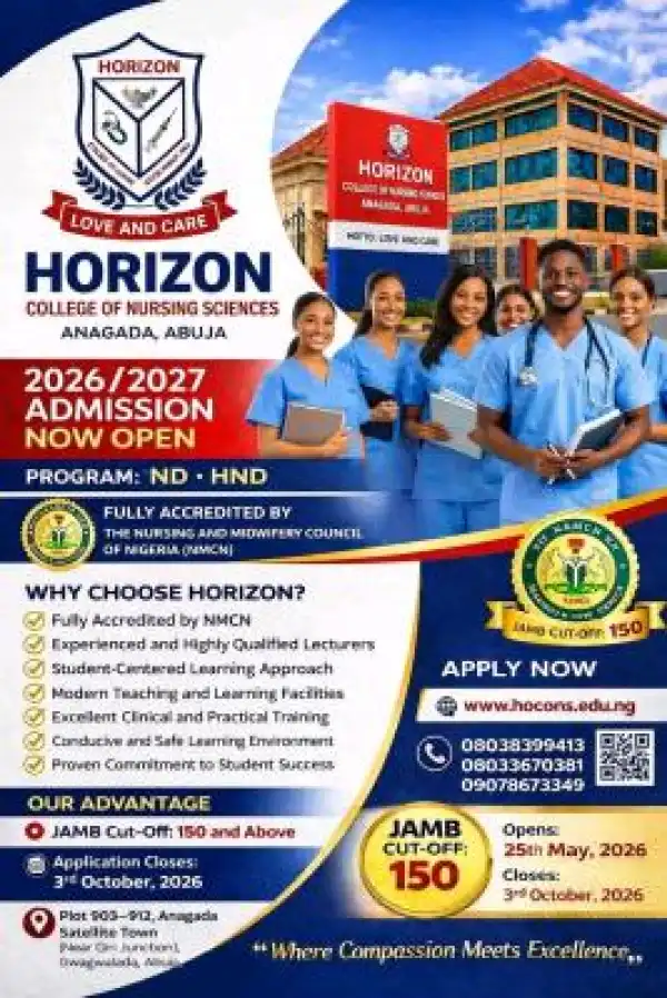 Horizon College of Nursing Sciences, Abuja ND/HND Admission form, 2026/2027