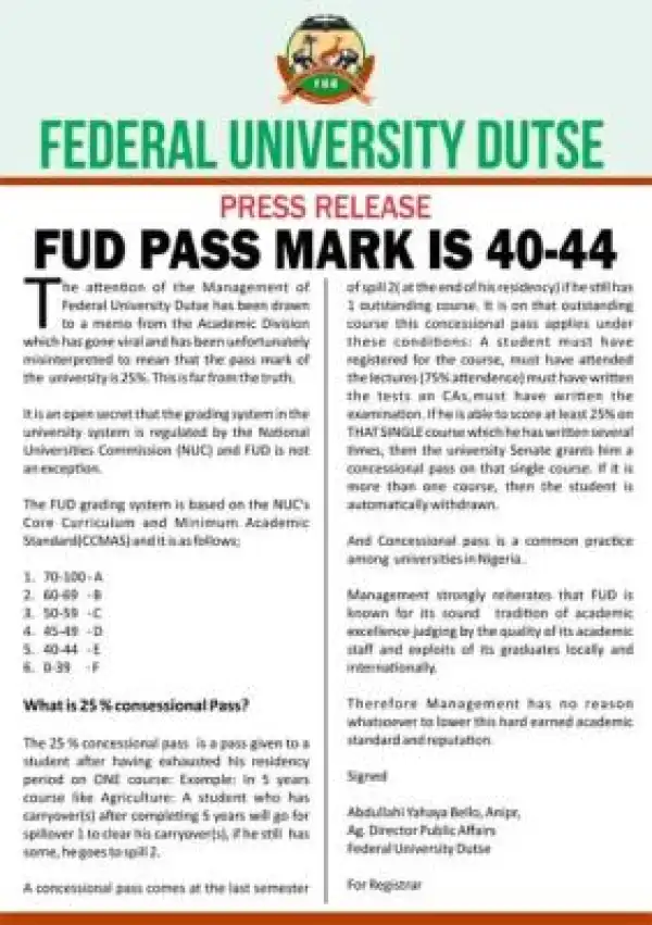 FUDUTSE clarifies the misconception regarding the 25% Concessional Pass
