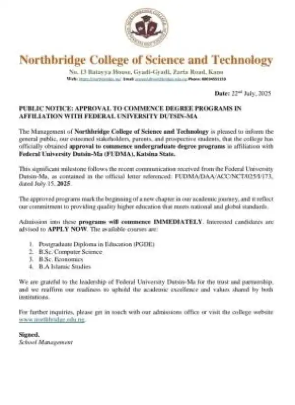 Northbridge College of Science & Tech. (FUDMA affiliated) gets approval to begin degree programmes