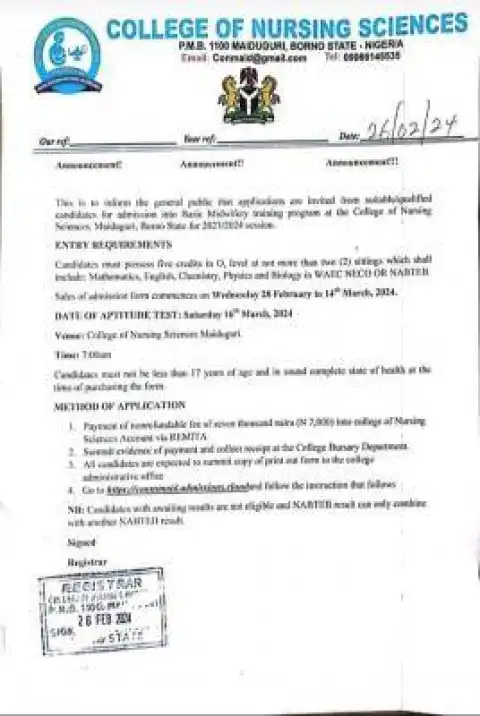 College of Nursing Sciences, Maiduguri releases Basic Midwifery admission form, 2023/2024