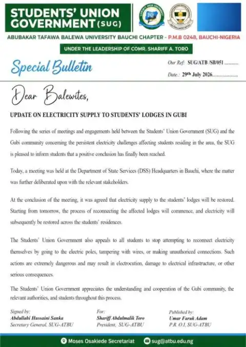 ATBU SUG gives update on electricity supply on Campus