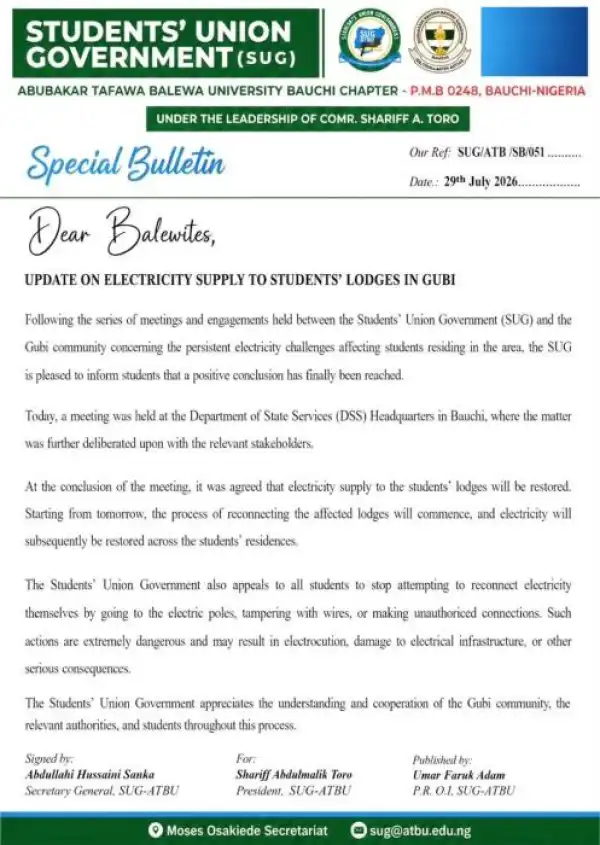 ATBU SUG gives update on electricity supply on Campus