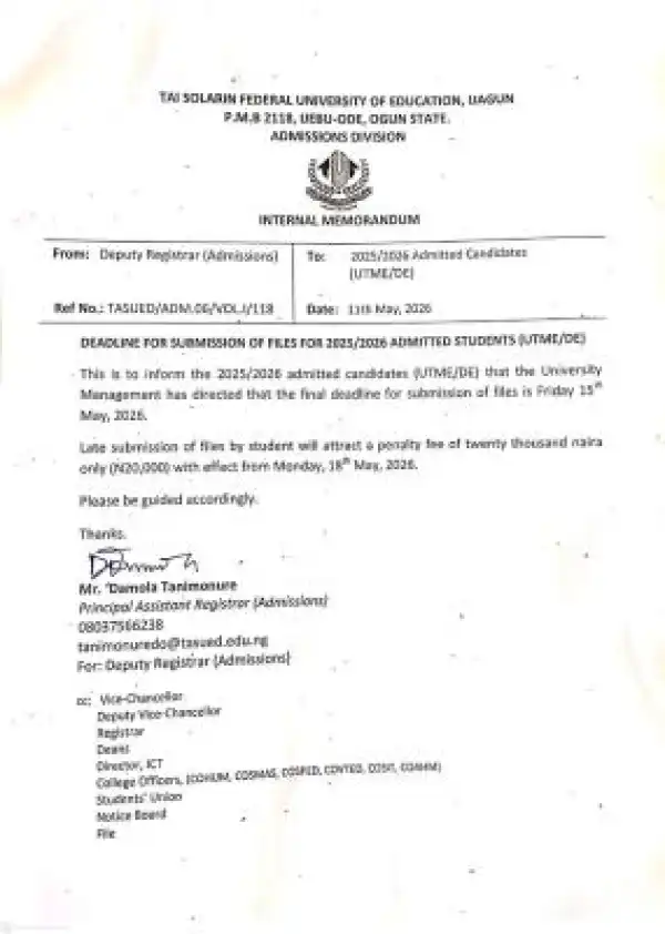 TASFUED notice to 2025/2026 admitted students on deadline for submission of files