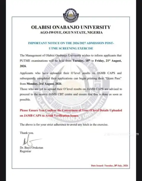 OOU announces date for printing of Post-UTME exam pass, 2026/2027