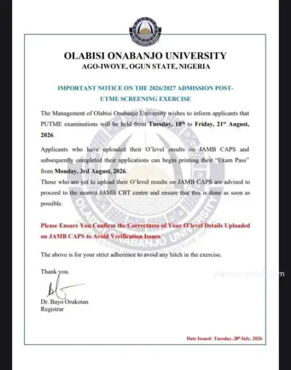 OOU announces date for printing of Post-UTME exam pass, 2026/2027