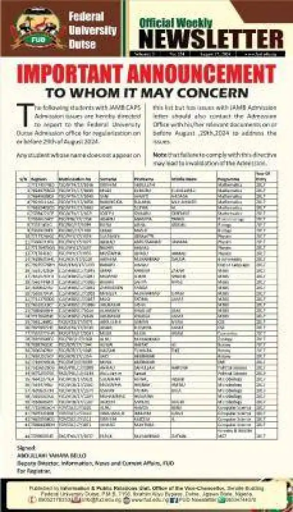 FUDUTSE important notice to students on regularization