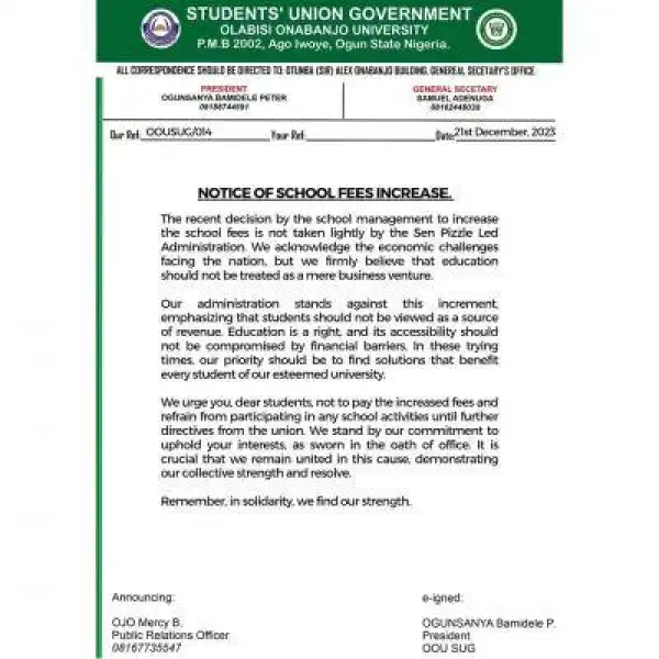 OOU SUG responds to school fees increment by management