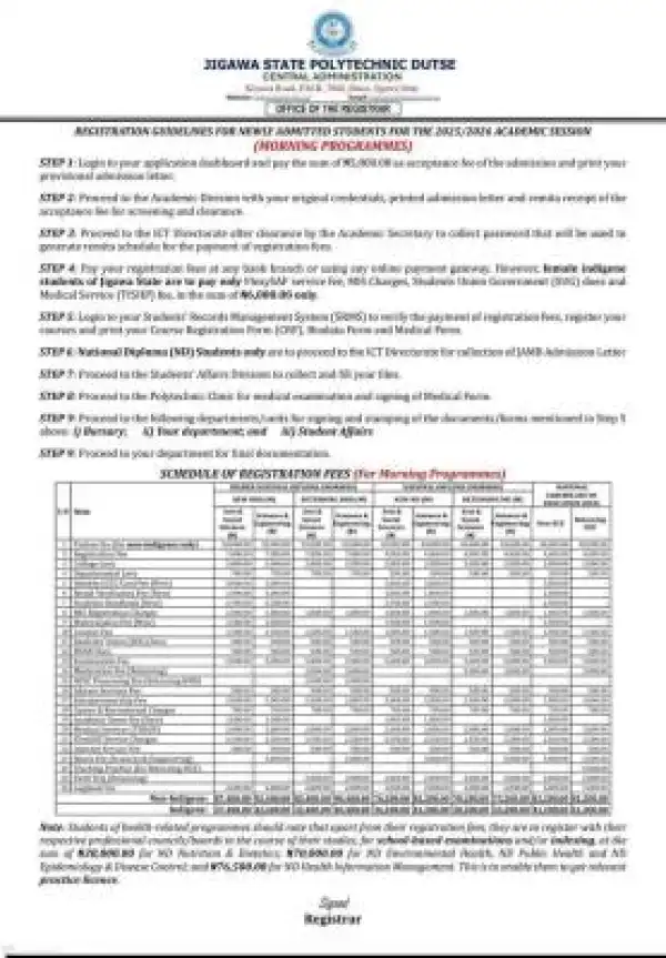 Jigawa State Polytechnic Dutse registration guidelines and fees for 2025/2026 Session