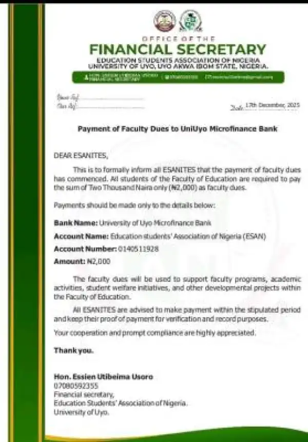 UNIUYO Faculty of Education notice to students on payment of dues