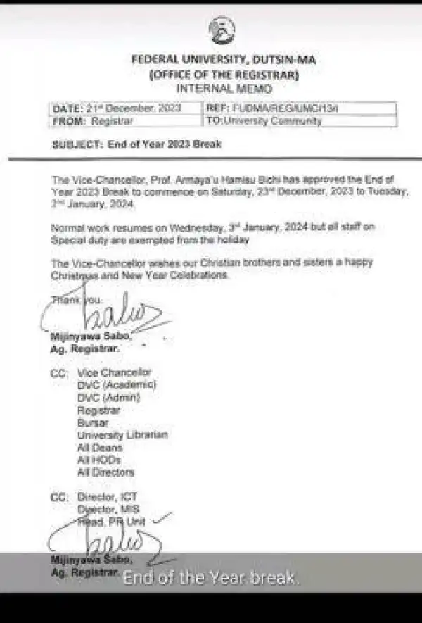 FUDutsin-ma notice on end of the year break