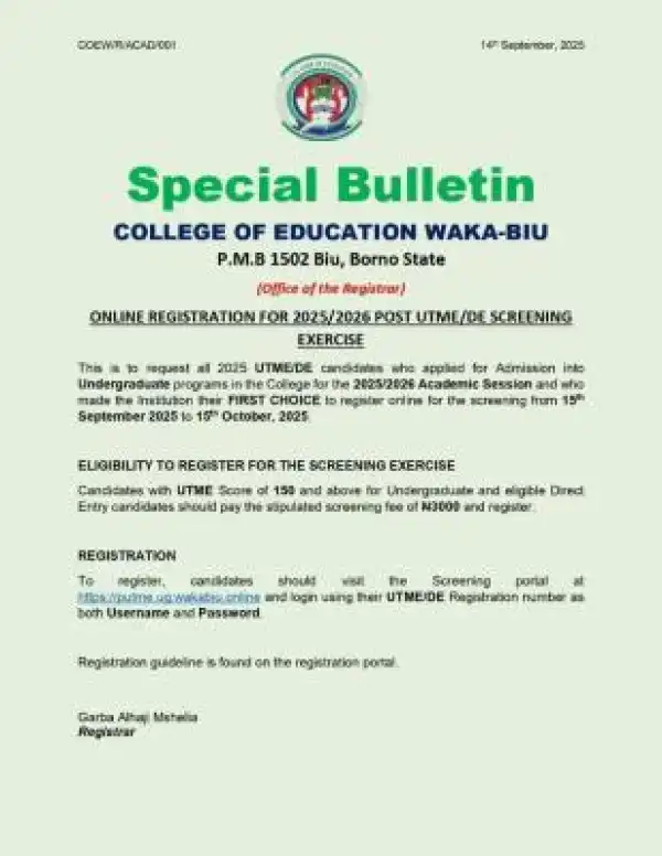College of Education Waka-Biu releases Post UTME/DE admission form, 2025/2026