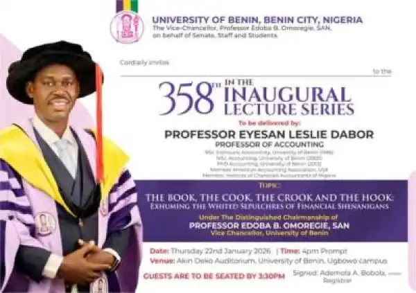 UNIBEN announces 358th Inaugural Lecture