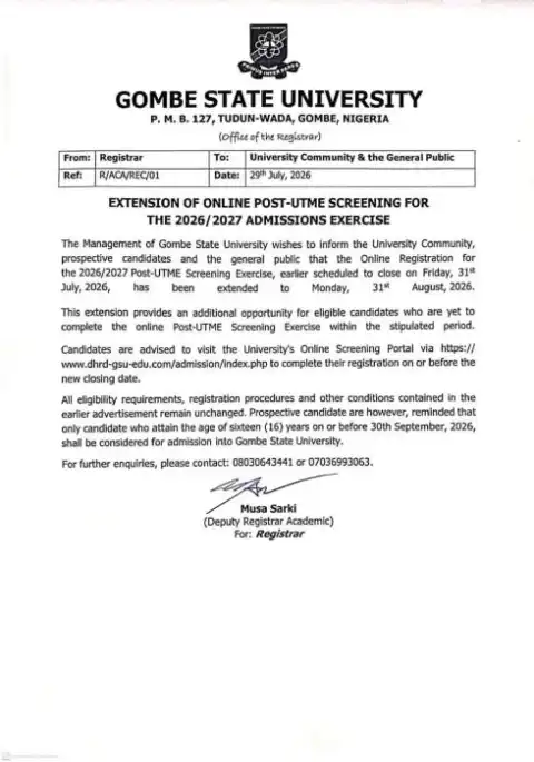 Gombe State University extends Post-UTME registration, 2026/2027