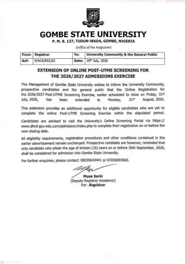 Gombe State University extends Post-UTME registration, 2026/2027