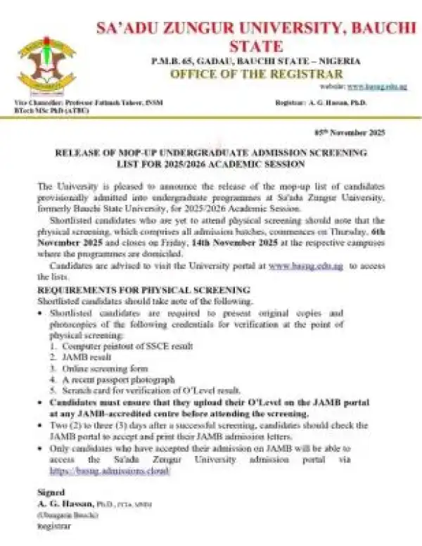 SAZU mop-up undergraduate admission list and screening notice, 2025/2026