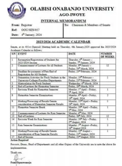 OOU approved academic calendar for 2023/2024 academic session