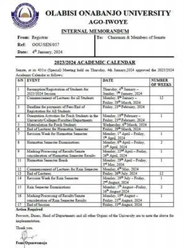 OOU approved academic calendar for 2023/2024 academic session