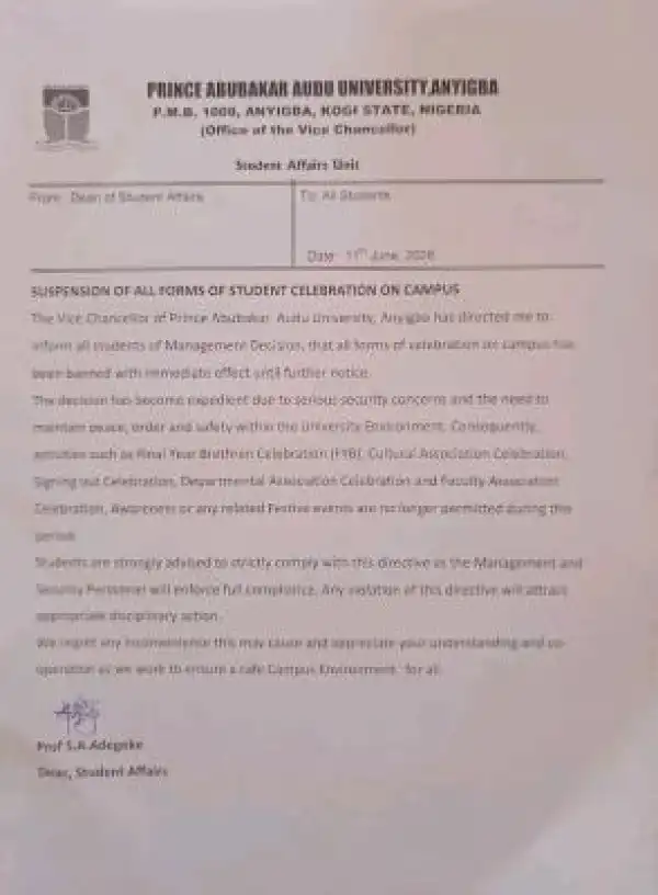 PAAU notice on suspension of all forms of students celebration on Campus