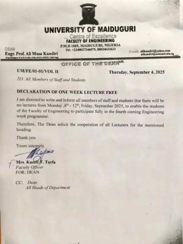 UNIMAID, Faculty of Engineering announces 8th-12th September as lecture free week