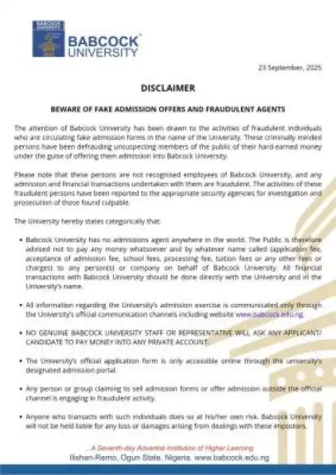 Babcock University warns prospective students on fake admission letters