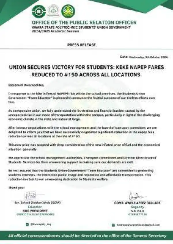 KWARAPOLY SUG notice to students on reduction of fares