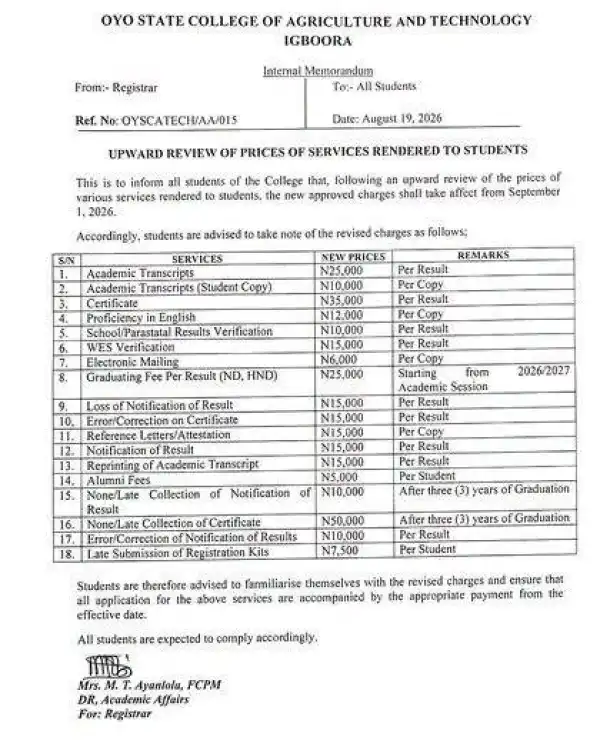 OYSCATECH notice to students on review of fees for various services