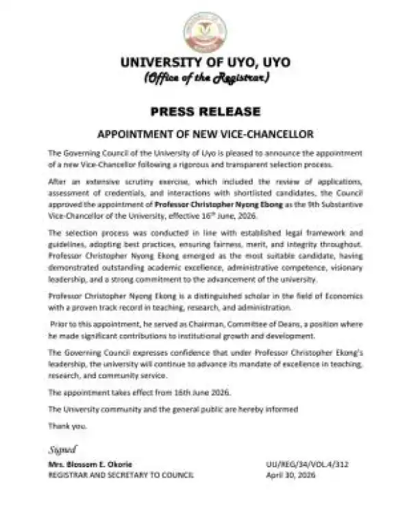 UNIUYO appoints 9th Substantive Vice Chancellor