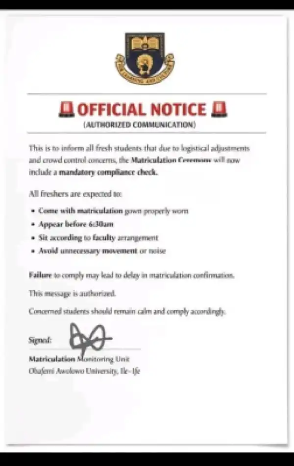 OAU notice on mandatory compliance checks for the Matriculation Ceremony