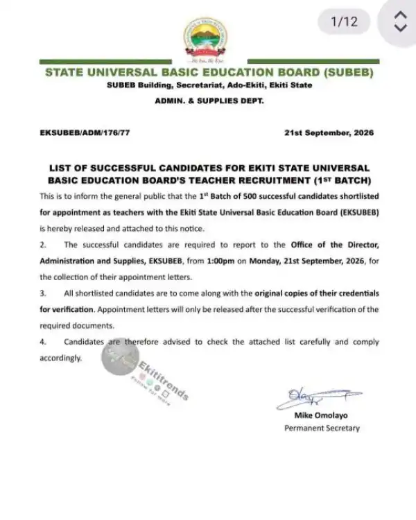 EKITI SUBEB releases list of successful candidates for teacher recruitment (1st batch)