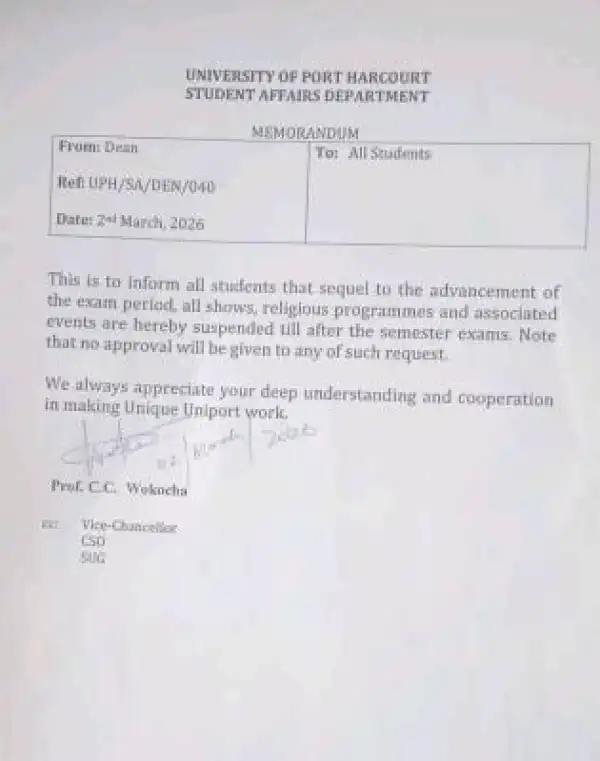 UNIPORT SUG bans all social, religious events as exams advance
