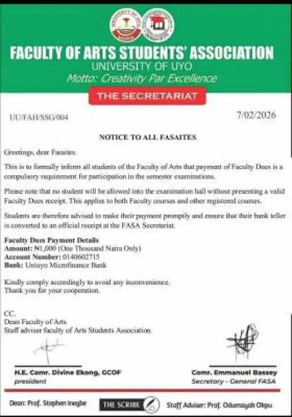 UNIUYO Faculty of Arts notice to students on payment of dues