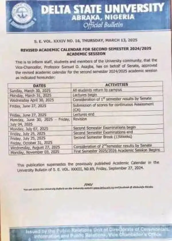 DELSU revised 2nd semester academic calendar, 2024/2025