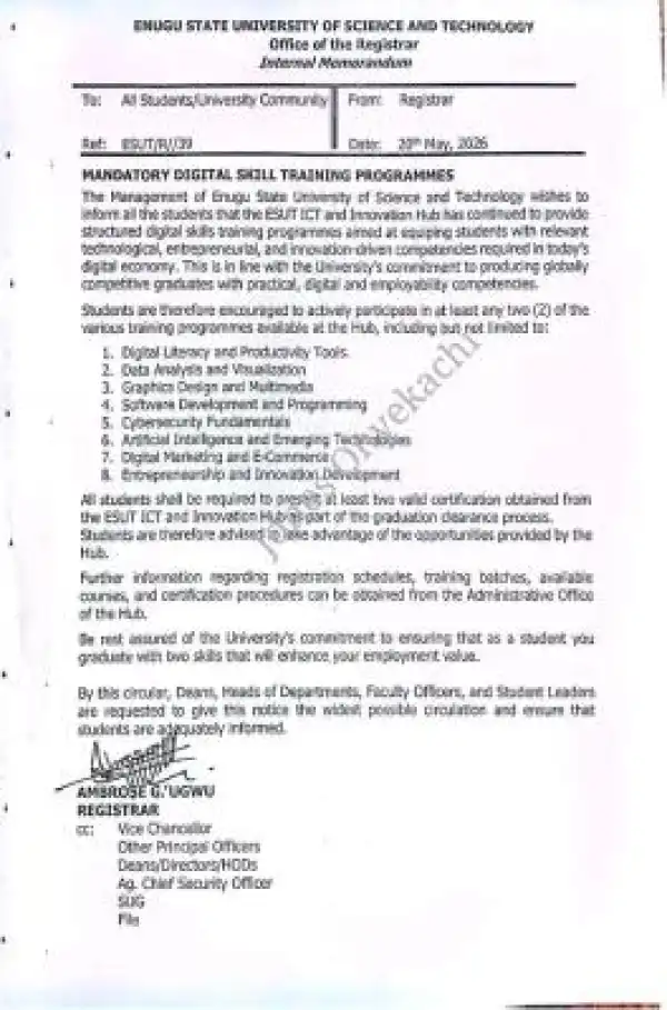 ESUT announces mandatory skill training programme for students