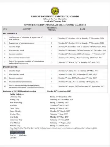UDUS approved undergraduate academic calendar 2026/2027