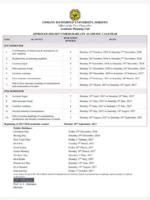 UDUS approved undergraduate academic calendar 2026/2027