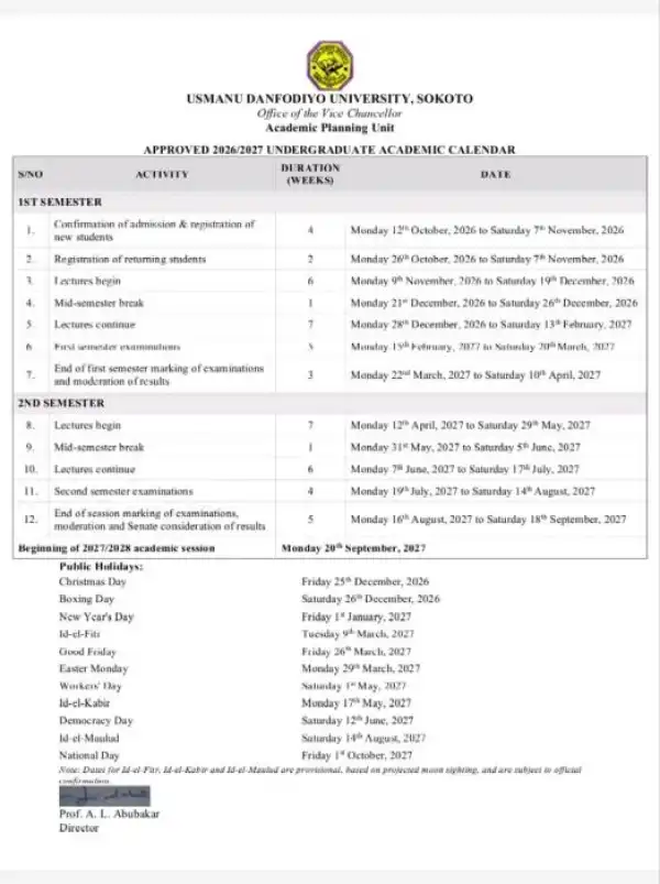 UDUS approved undergraduate academic calendar 2026/2027