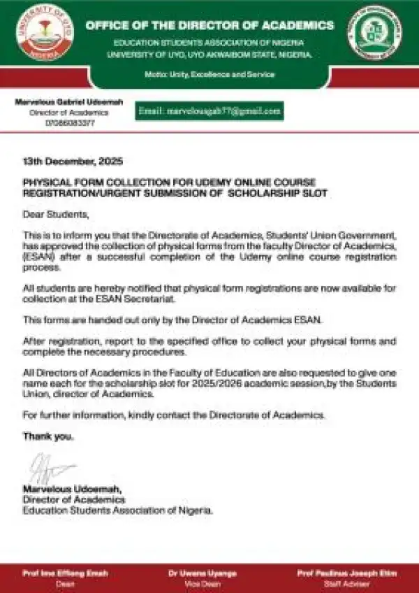 UNIUYO Faculty of Education notice to students