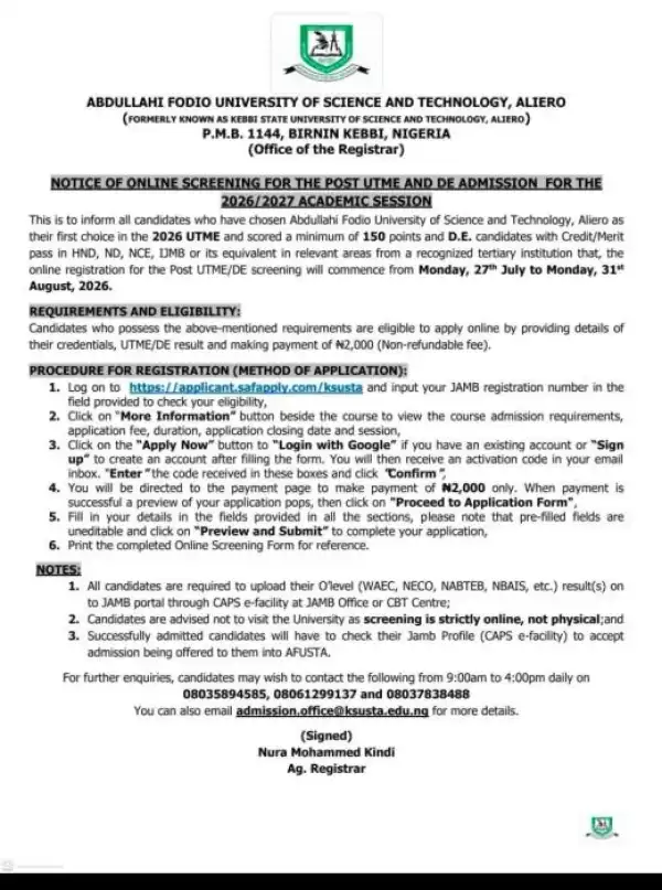 AFUSTA Post-UTME/DE 2026: Cut-off mark, eligibility and Registration Details