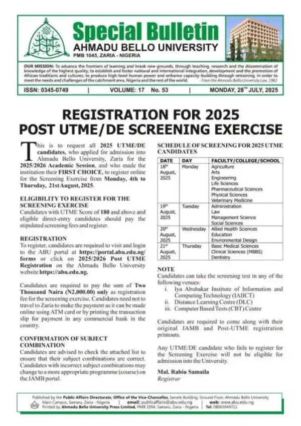 ABU Post-UTME/DE 2025: Cut-off mark, Eligibility and Registration Details