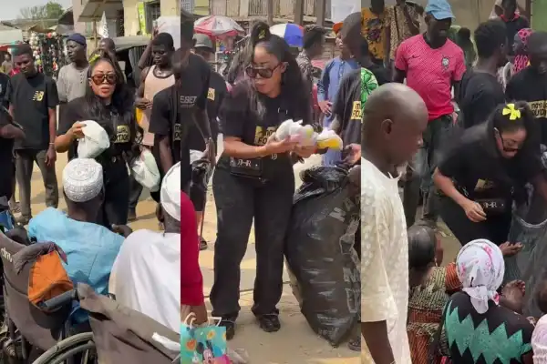 Moyo Lawal wins hearts as she takes to the streets on her birthday, gives out foodstuffs, clothes, and more (Video)