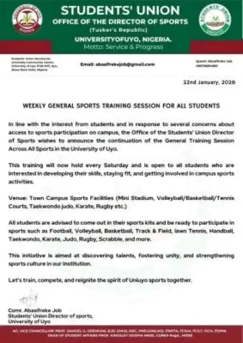 UNIUYO SUG announces resumption of weekly general sports training for students