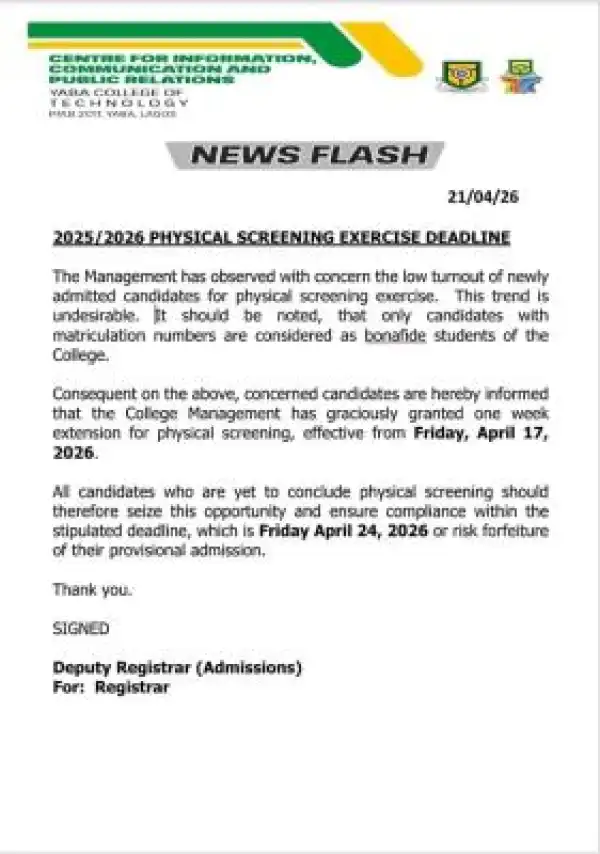 YABATECH extends deadline for physical screening exercise for new students