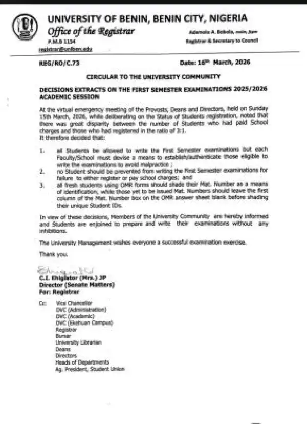 UNIBEN update on 1st semester examination, 2025/2026