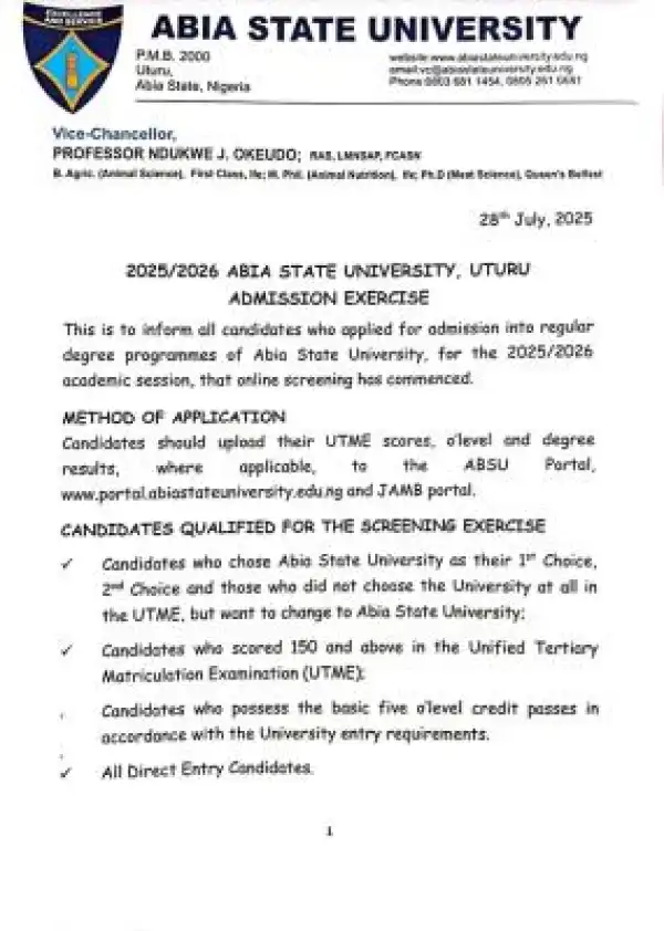 ABSU Post-UTME/DE 2025: Cut-off mark, Eligibility and Registration Details