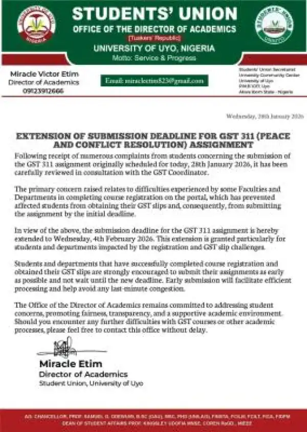 UNIUYO SUG notice on extension submission deadline for GST 311 assignment