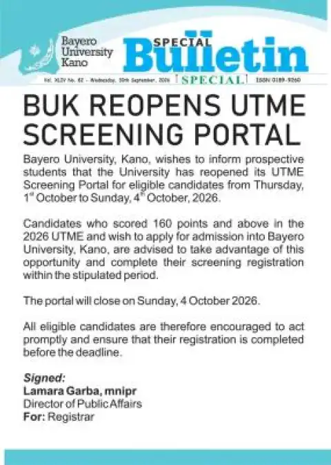 BUK Reopens UTME Screening Portal for Eligible 2026 Candidates