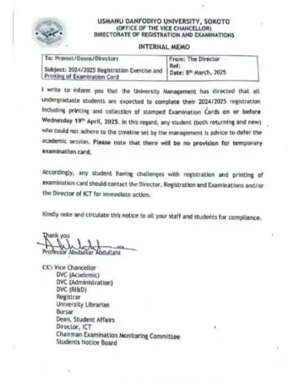 UDUS management notice on registration deadline